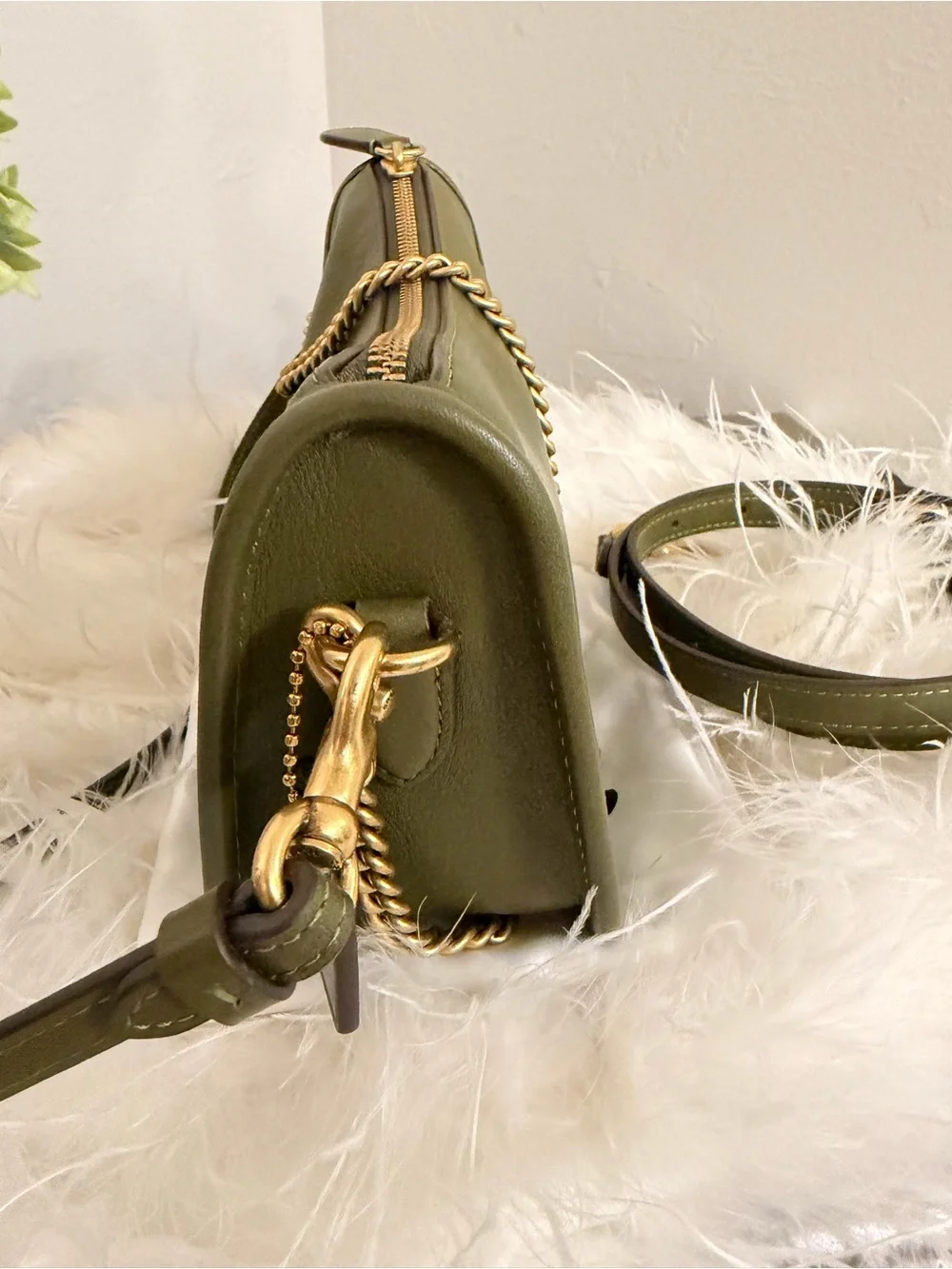 Coach Waverly Leather Shoulder Bag Olive Green Gold Hardware